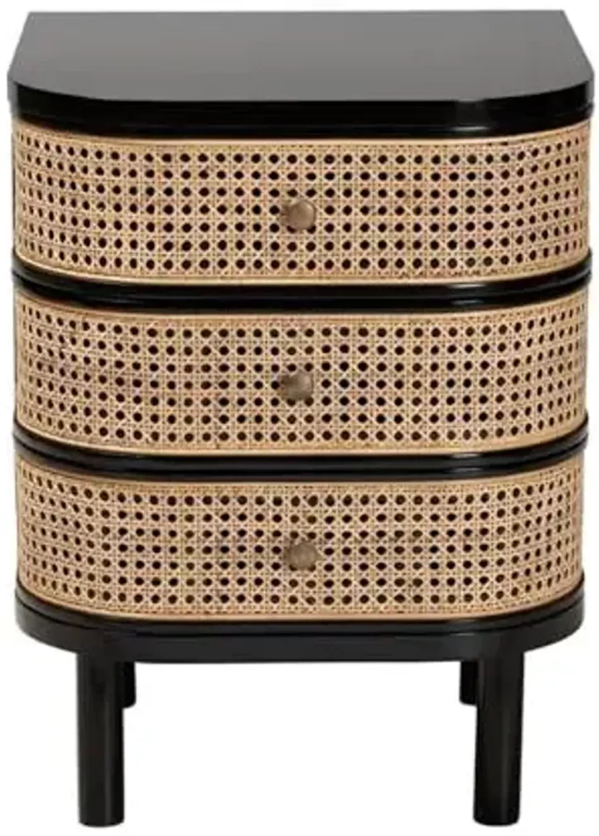 Baxton Studio Nabila Black Bayur Wood and Rattan 3-Drawer End Table Nightstand