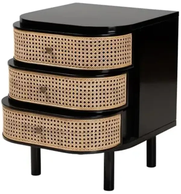 Baxton Studio Nabila Black Bayur Wood and Rattan 3-Drawer End Table Nightstand