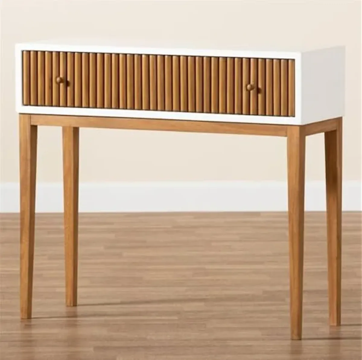 Baxton Studio Odile Mid-Century Modern Two-Tone Natural Brown and White Bayur Wood 1-Drawer Console Table