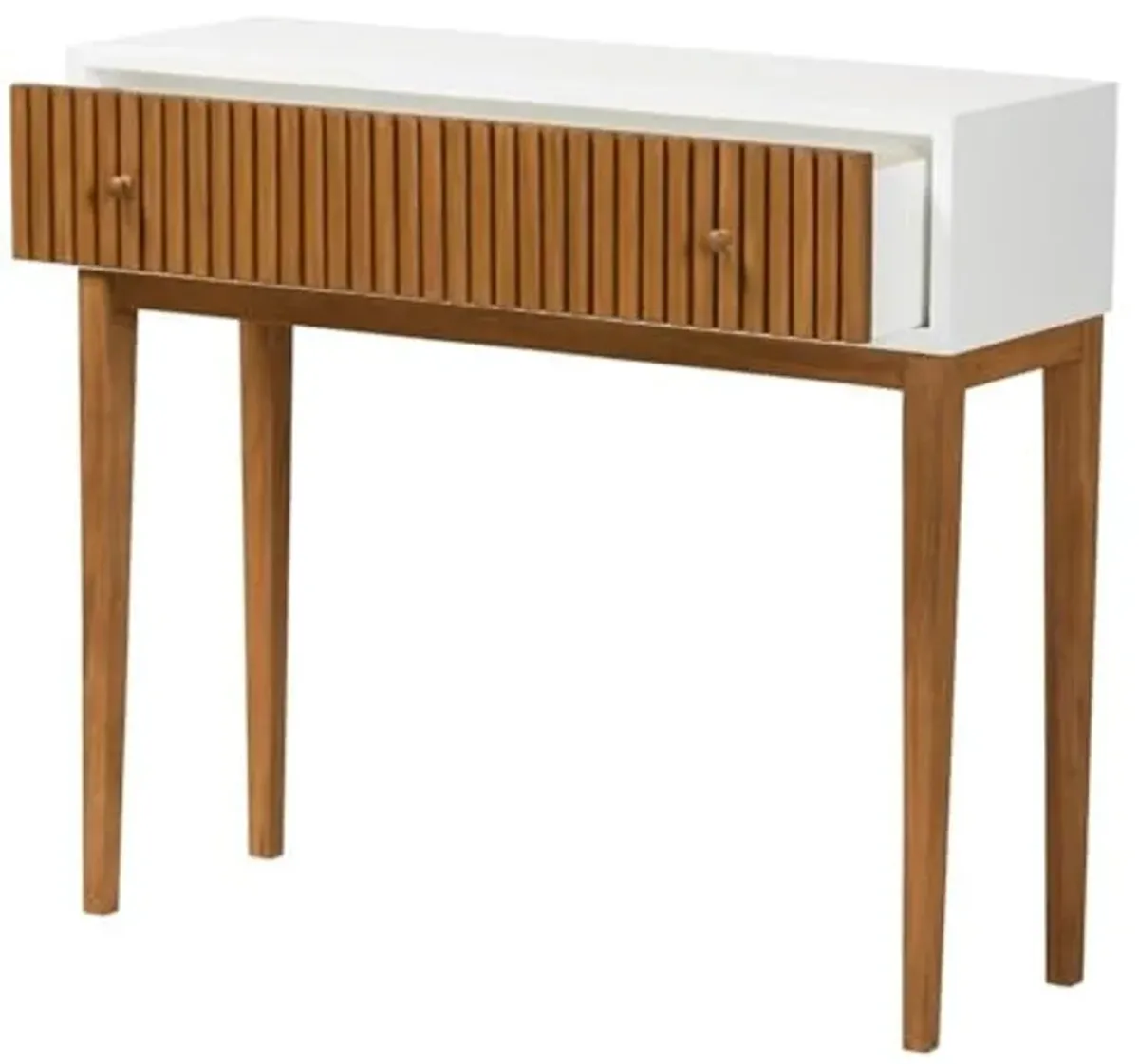 Baxton Studio Odile Mid-Century Modern Two-Tone Natural Brown and White Bayur Wood 1-Drawer Console Table