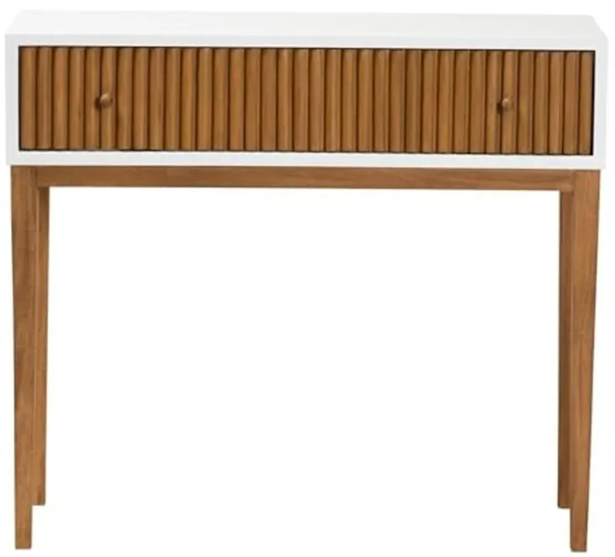 Baxton Studio Odile Mid-Century Modern Two-Tone Natural Brown and White Bayur Wood 1-Drawer Console Table