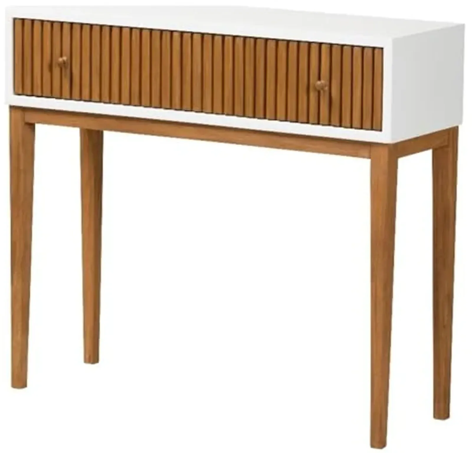 Baxton Studio Odile Mid-Century Modern Two-Tone Natural Brown and White Bayur Wood 1-Drawer Console Table