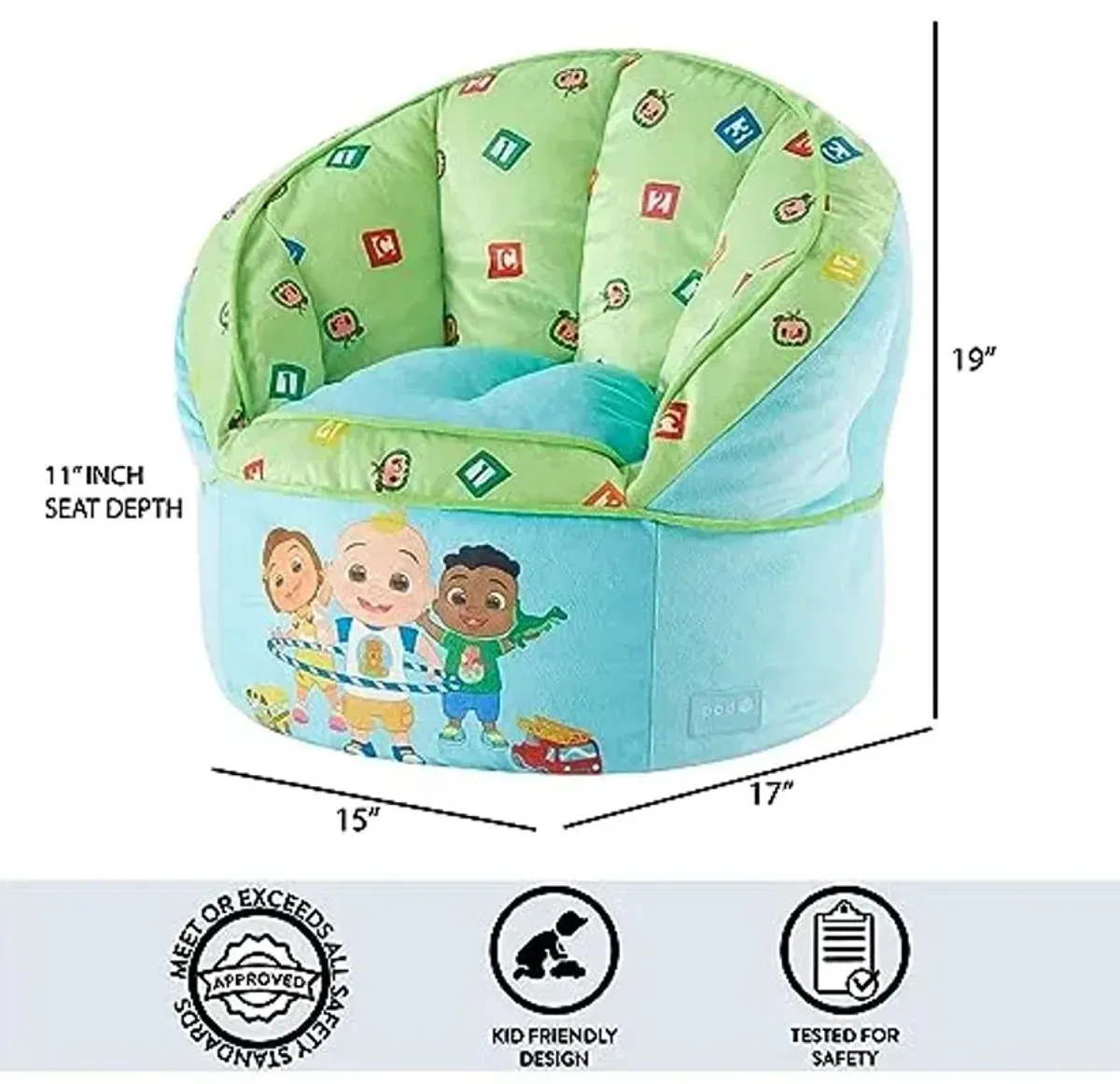 Idea Nuova Cocomelon Blue Round Bean Bag Chair for Kids, Ages 3+, Large