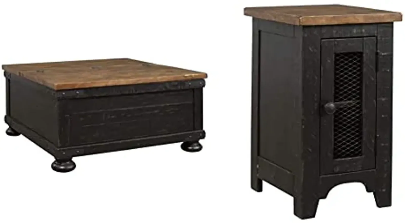 Signature Design by Ashley Valebeck Farmhouse Lift Top Coffee Table with Storage, Distressed Brown & Black Finish, 36 in x 36 in x 18 in and Signature Design by Ashley Valebeck Rustic Farmhouse Chair Side End Table with Cabinet Door, Distressed Black