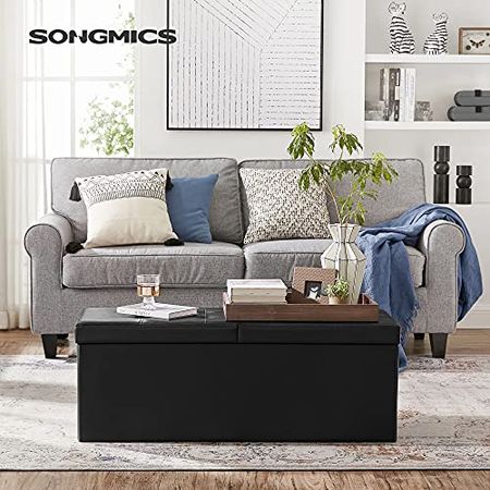 SONGMICS 43 Inches Folding Storage Ottoman Bench with Flipping Lid, Storage Chest Footrest Padded Seat with Iron Frame Support, Black ULSF75BK & 30 Inches Folding Storage Ottoman Bench, Black ULSF45BK