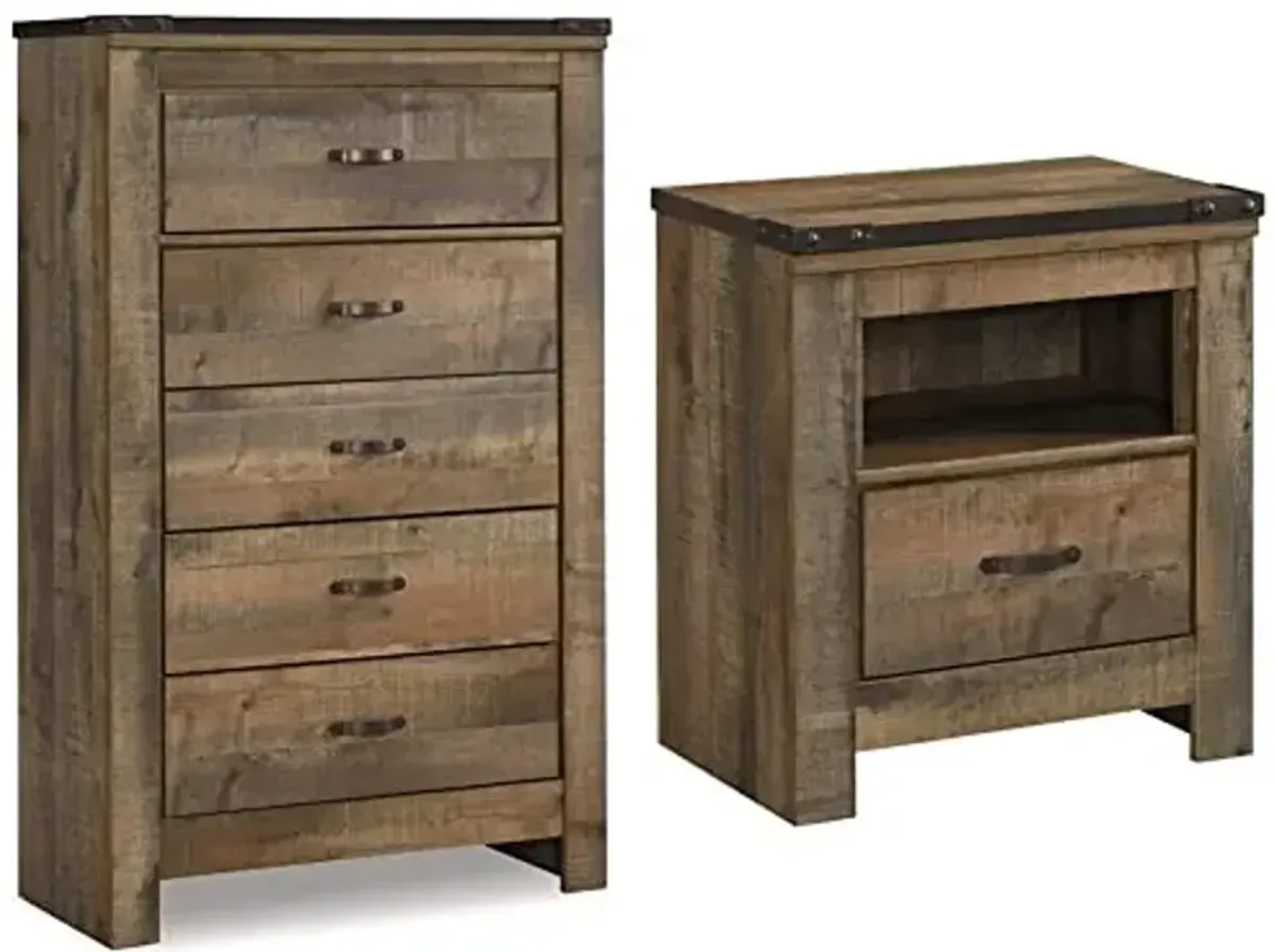 Signature Trinell Rustic 5-Drawer Chest and 1-Drawer Nightstand Bundle with USB Charging | Warm Brown