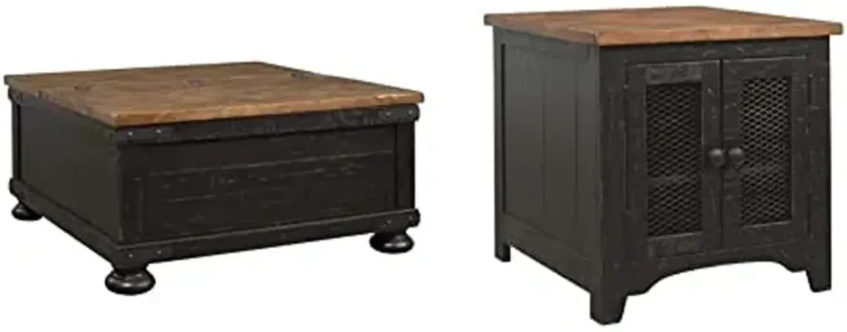 Signature Design by Ashley Valebeck Farmhouse Lift Top Coffee Table with Storage, Distressed Brown & Black Finish, 36 in x 36 in x 18 in and Rectangular End Table with Storage, Distressed Brown & Black Finish