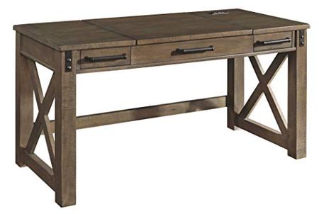 Signature Design by Ashley Aldwin Rustic Farmhouse 60" Home Office Lift Top Desk with Charging Ports, Distressed Gray & Aldwin Farmhouse Square Coffee Table with Lift Top for Storage, Grayish Brown