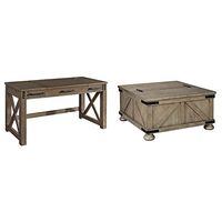Signature Design by Ashley Aldwin Rustic Farmhouse 60" Home Office Lift Top Desk with Charging Ports, Distressed Gray & Aldwin Farmhouse Square Coffee Table with Lift Top for Storage, Grayish Brown
