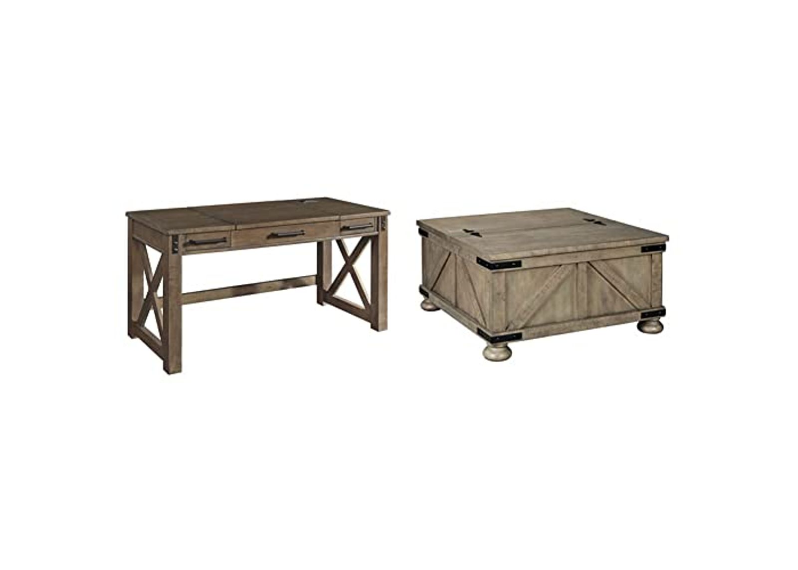 Signature Design by Ashley Aldwin Rustic Farmhouse 60" Home Office Lift Top Desk with Charging Ports, Distressed Gray & Aldwin Farmhouse Square Coffee Table with Lift Top for Storage, Grayish Brown