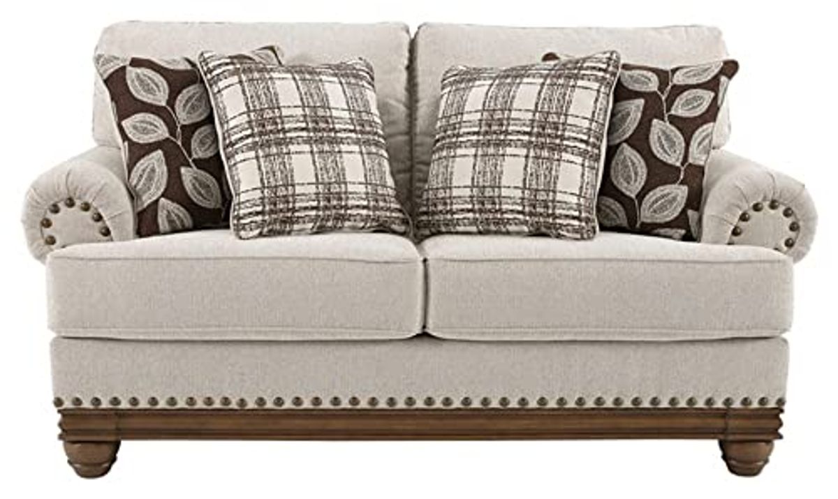 Signature Design by Ashley Harleson Modern Farmhouse Loveseat with Nailhead Trim and 4 Accent Pillows, Beige & Harleson Modern Farmhouse Sofa with Nailhead Trim and 5 Accent Pillows, Beige