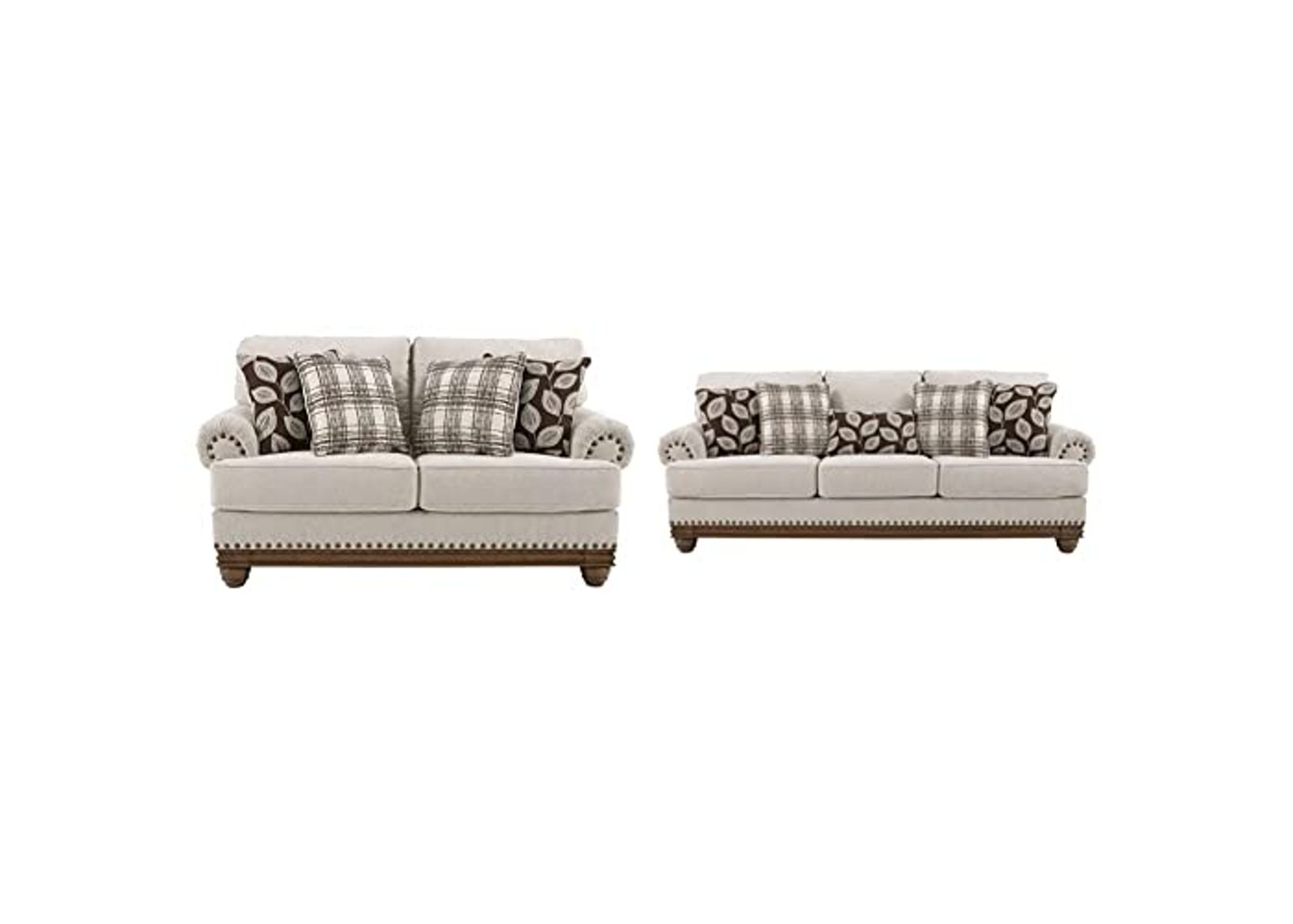 Signature Design by Ashley Harleson Modern Farmhouse Loveseat with Nailhead Trim and 4 Accent Pillows, Beige & Harleson Modern Farmhouse Sofa with Nailhead Trim and 5 Accent Pillows, Beige