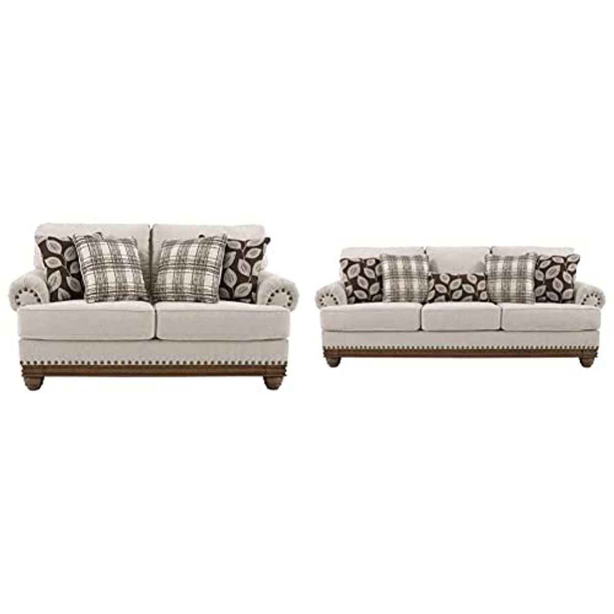 Signature Design by Ashley Harleson Modern Farmhouse Loveseat with Nailhead Trim and 4 Accent Pillows, Beige & Harleson Modern Farmhouse Sofa with Nailhead Trim and 5 Accent Pillows, Beige