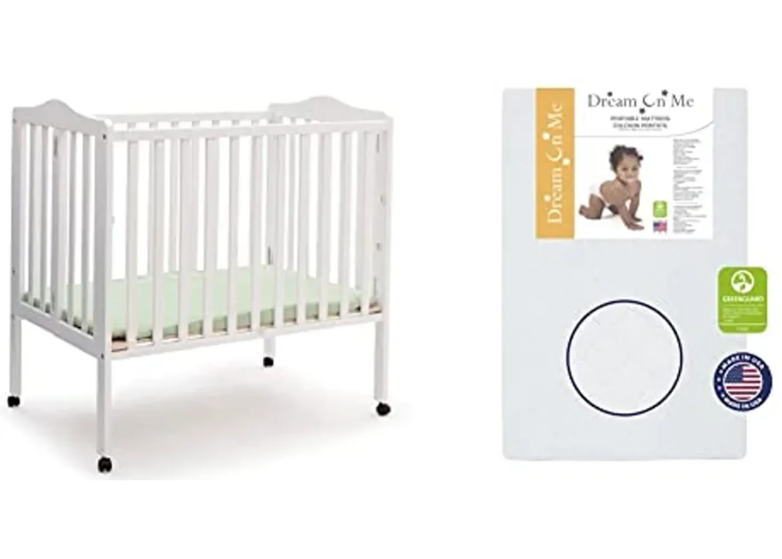 Delta Children Folding Portable Mini Baby Crib with 1.5-inch Mattress - Greenguard Gold Certified, White & Dream On Me Holly 3” Fiber Portable, Greenguard Gold Certified, White