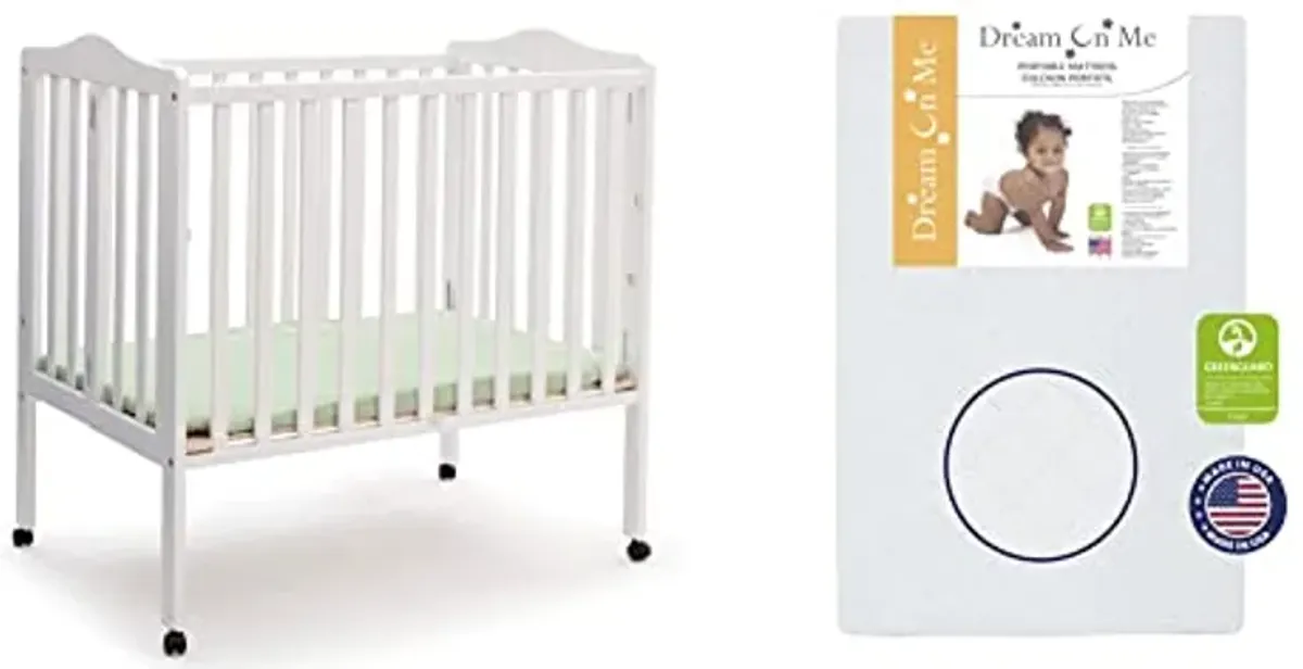 Delta Children Folding Portable Mini Baby Crib with 1.5-inch Mattress - Greenguard Gold Certified, White & Dream On Me Holly 3” Fiber Portable, Greenguard Gold Certified, White