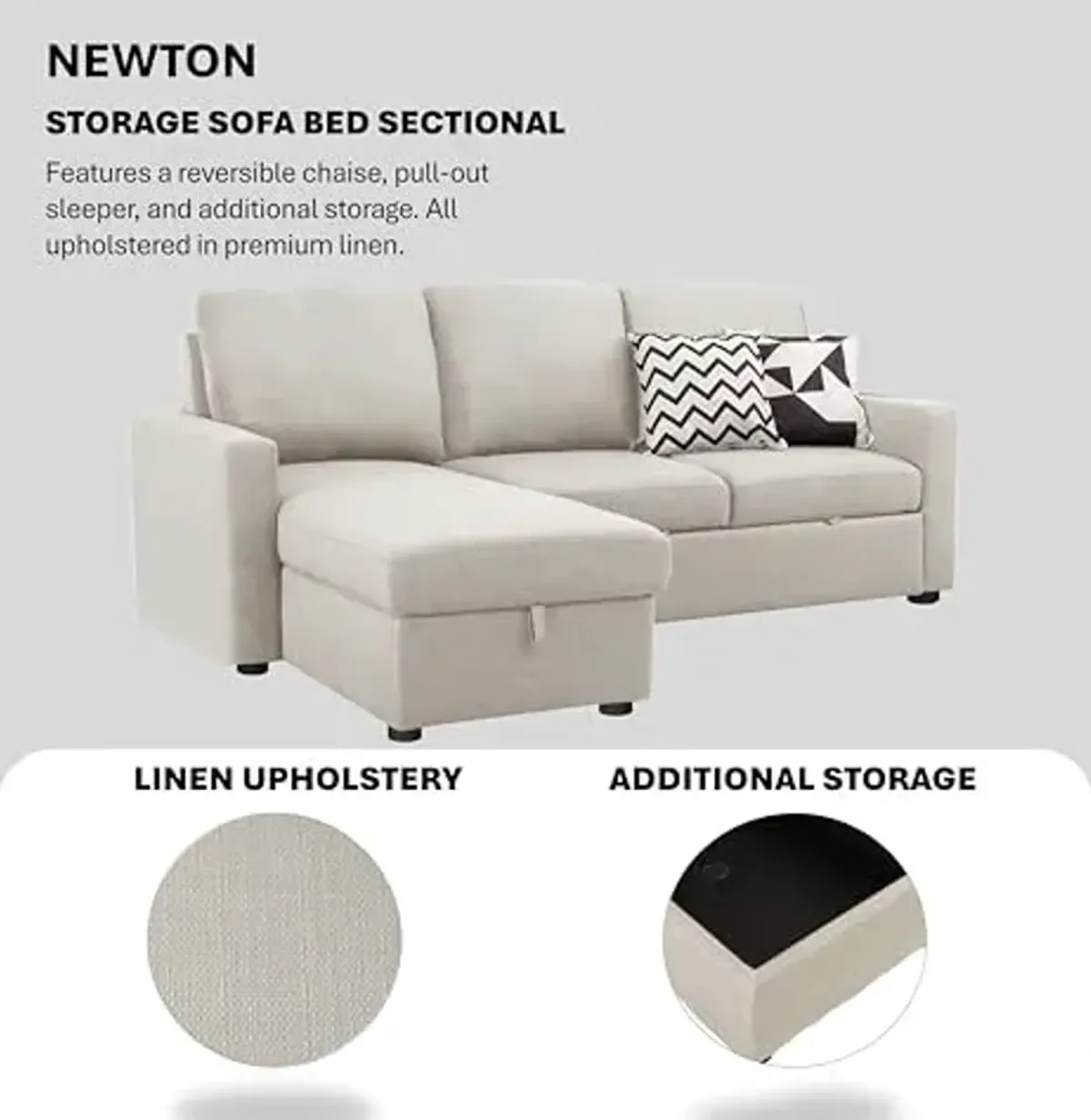 Abbyson Living Newton Sectional Sofa Bed - Upholstered, Reversible Chaise, Pull Out Couch, Beige