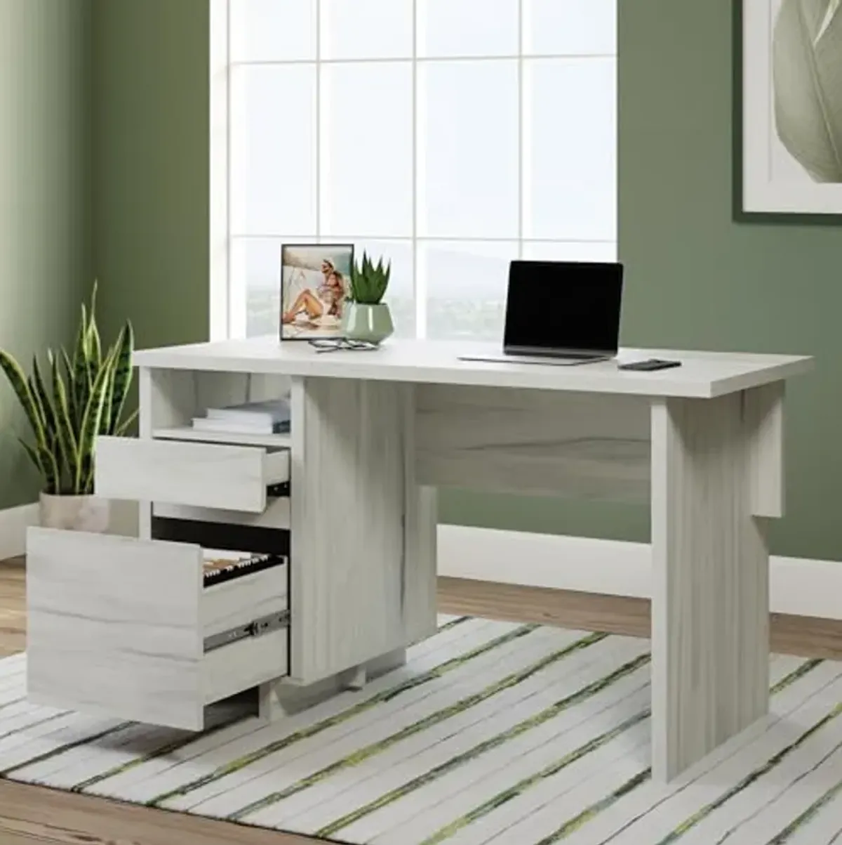 Sauder Porto Palma Single Pedestal Desk, L: 52.01" x W: 23.47" x H: 30.00", Haze Acacia Finish