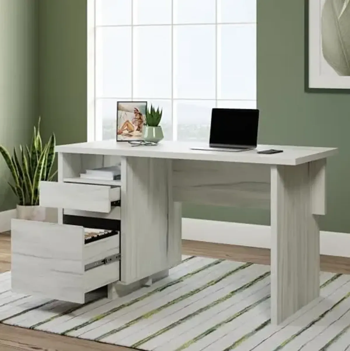 Sauder Porto Palma Single Ped Desk, Haze Acacia Finish