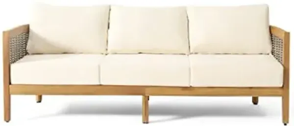 Burchett Outdoor 3 Seater Sofa with Cushions - Acacia Wood and Round Wicker - Teak/Mixed Brown/Beige