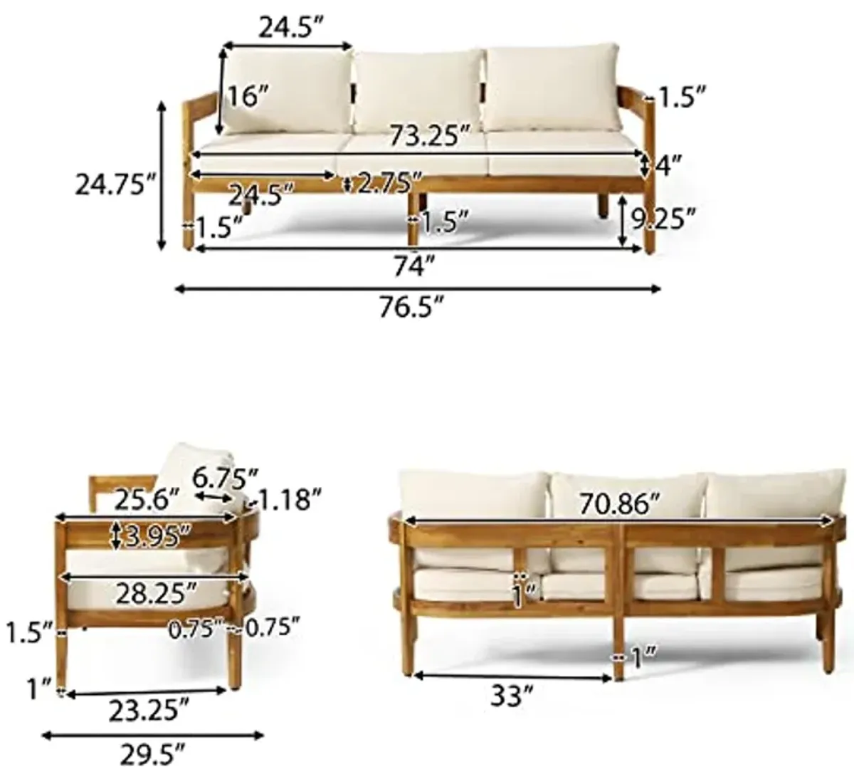 Christopher Knight Home Brooklyn Outdoor 3 Seater Sofa with Cushions - Acacia Wood - Teak/Beige