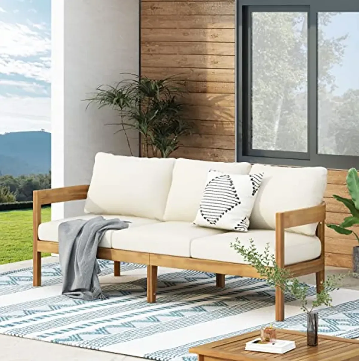 Christopher Knight Home Brooklyn Outdoor 3 Seater Sofa with Cushions - Acacia Wood - Teak/Beige