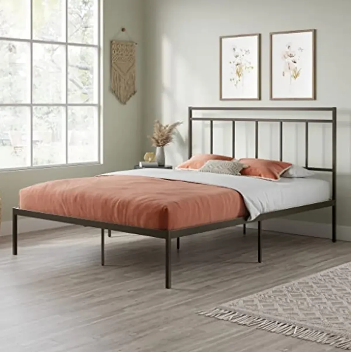 Sauder Cannery Bridge Queen Platform Bed with Headboard, Bronze Finish