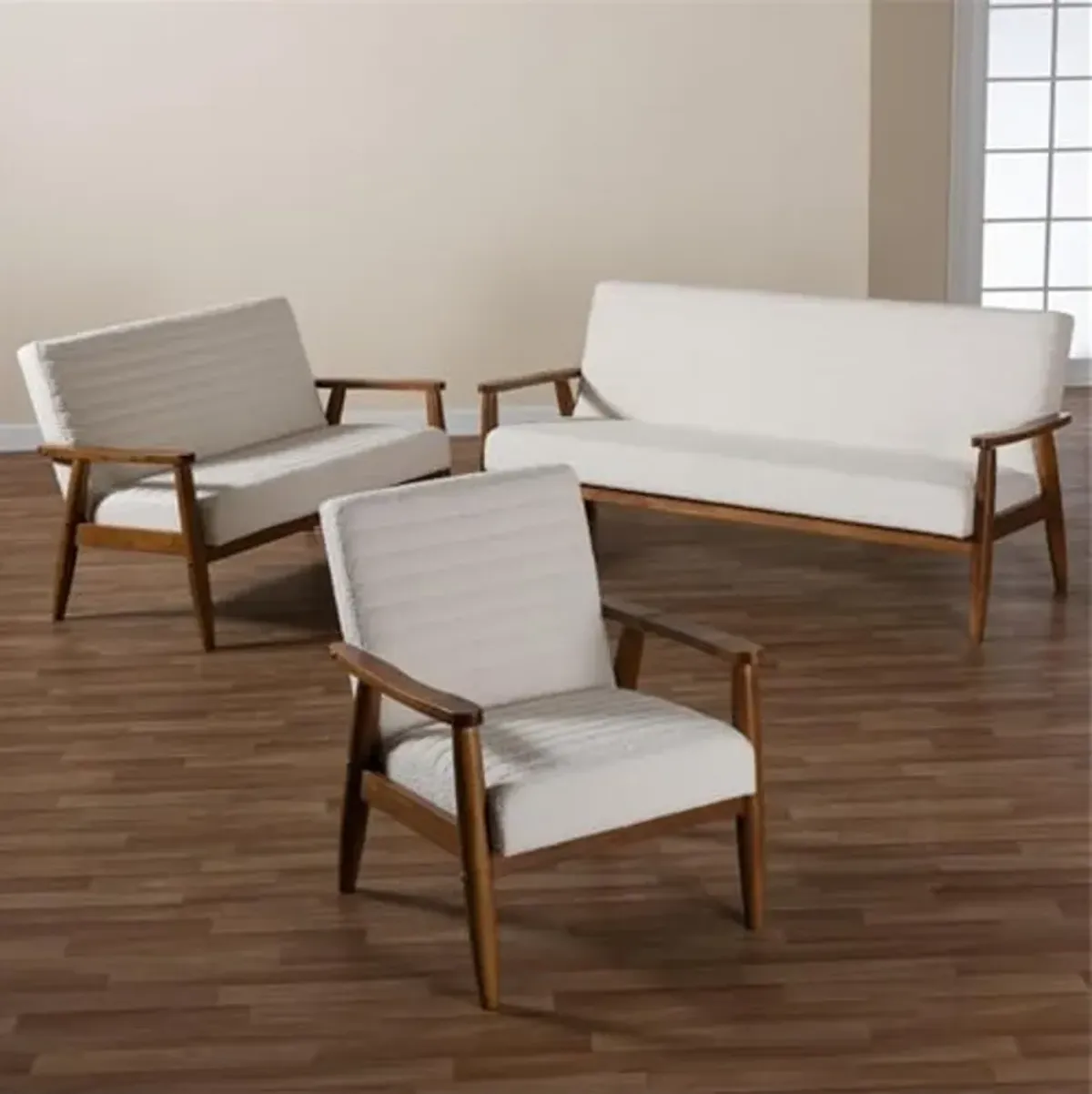 Baxton Studio Stratton Mid-Century Modern Cream Boucle Fabric and Walnut Brown Finished Wood 3-Piece Living Room Set