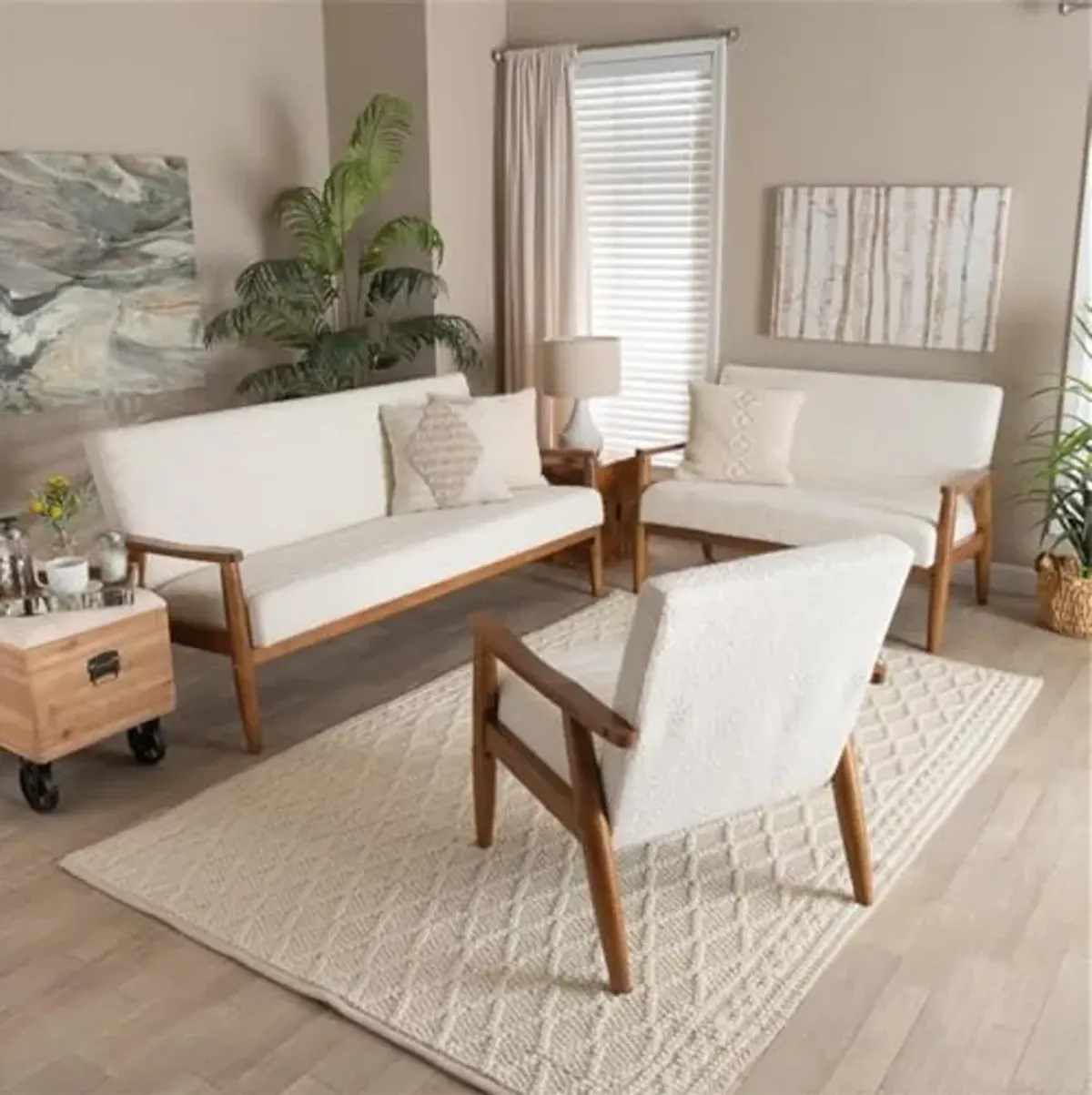 Baxton Studio Stratton Mid-Century Modern Cream Boucle Fabric and Walnut Brown Finished Wood 3-Piece Living Room Set