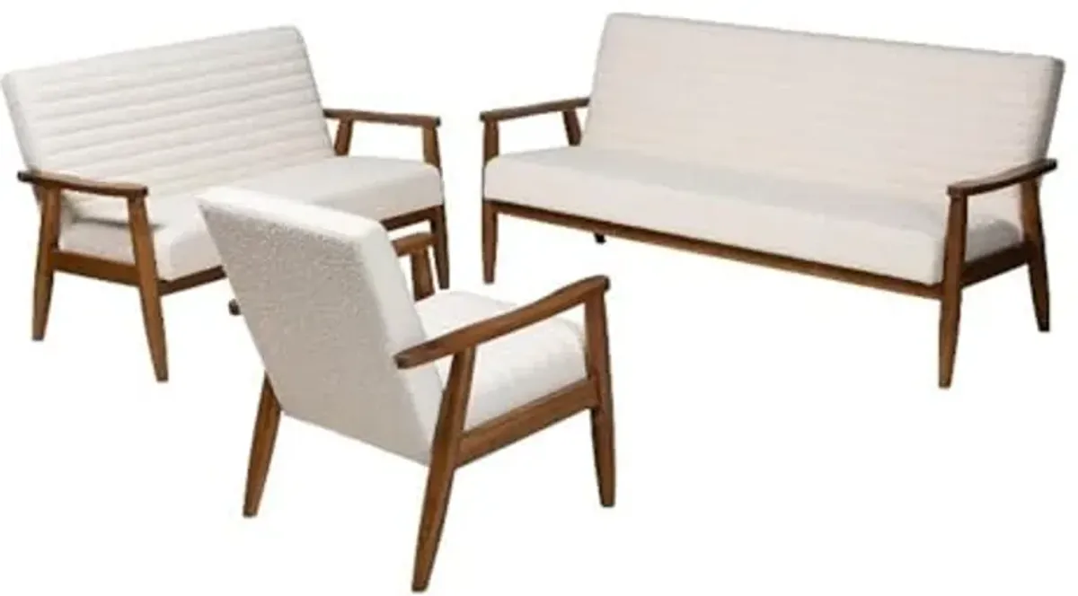 Baxton Studio Stratton Mid-Century Modern Cream Boucle Fabric and Walnut Brown Finished Wood 3-Piece Living Room Set