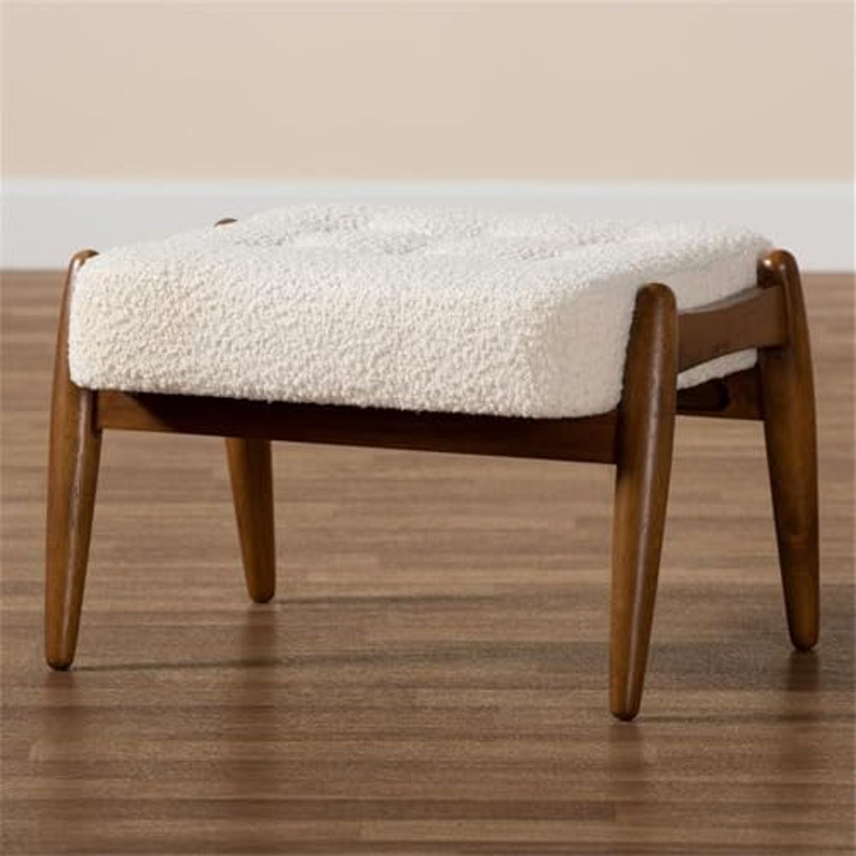 Baxton Studio Jeanine Cream Boucle Fabric and Brown Rubberwood Ottoman Footstool