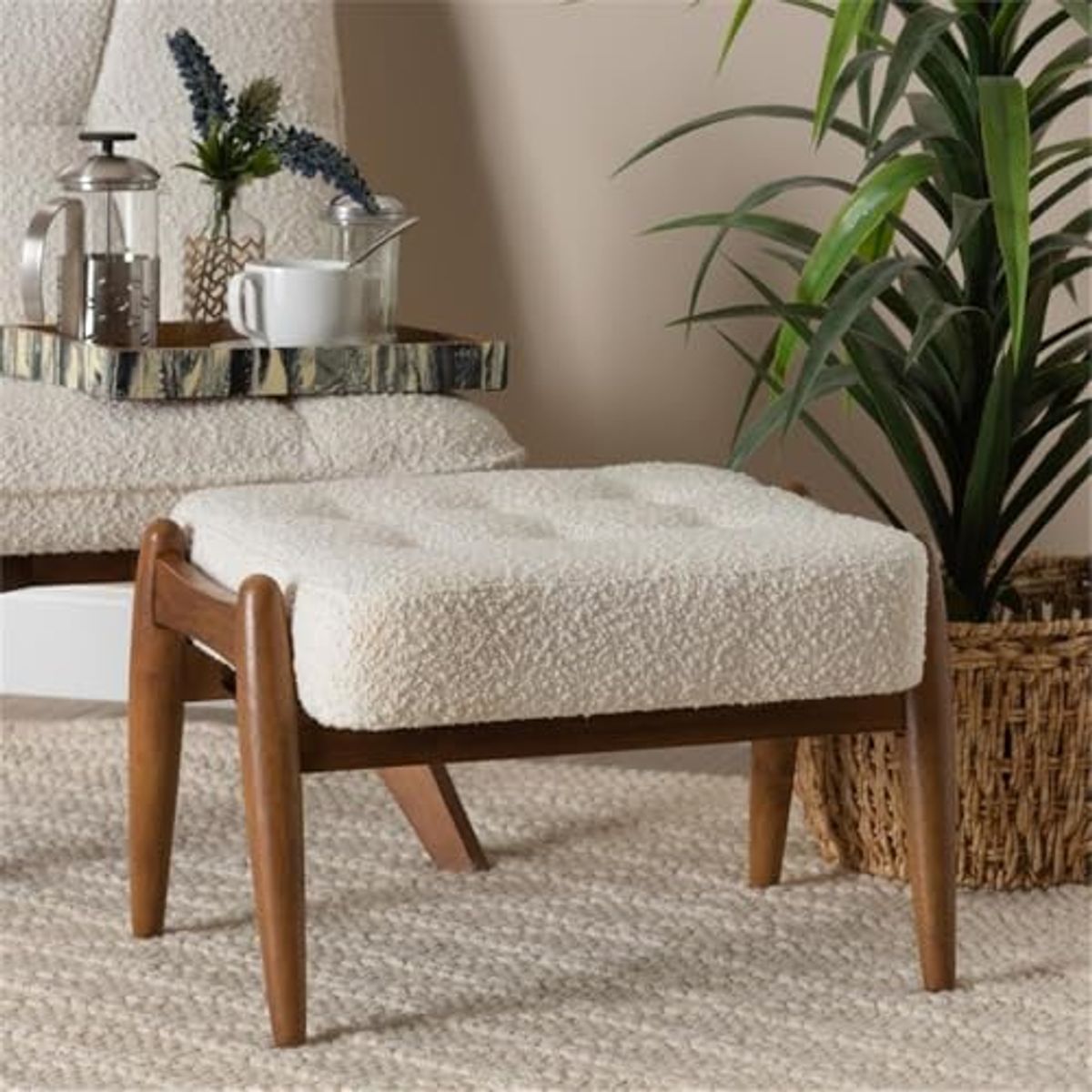 Baxton Studio Jeanine Cream Boucle Fabric and Brown Rubberwood Ottoman Footstool