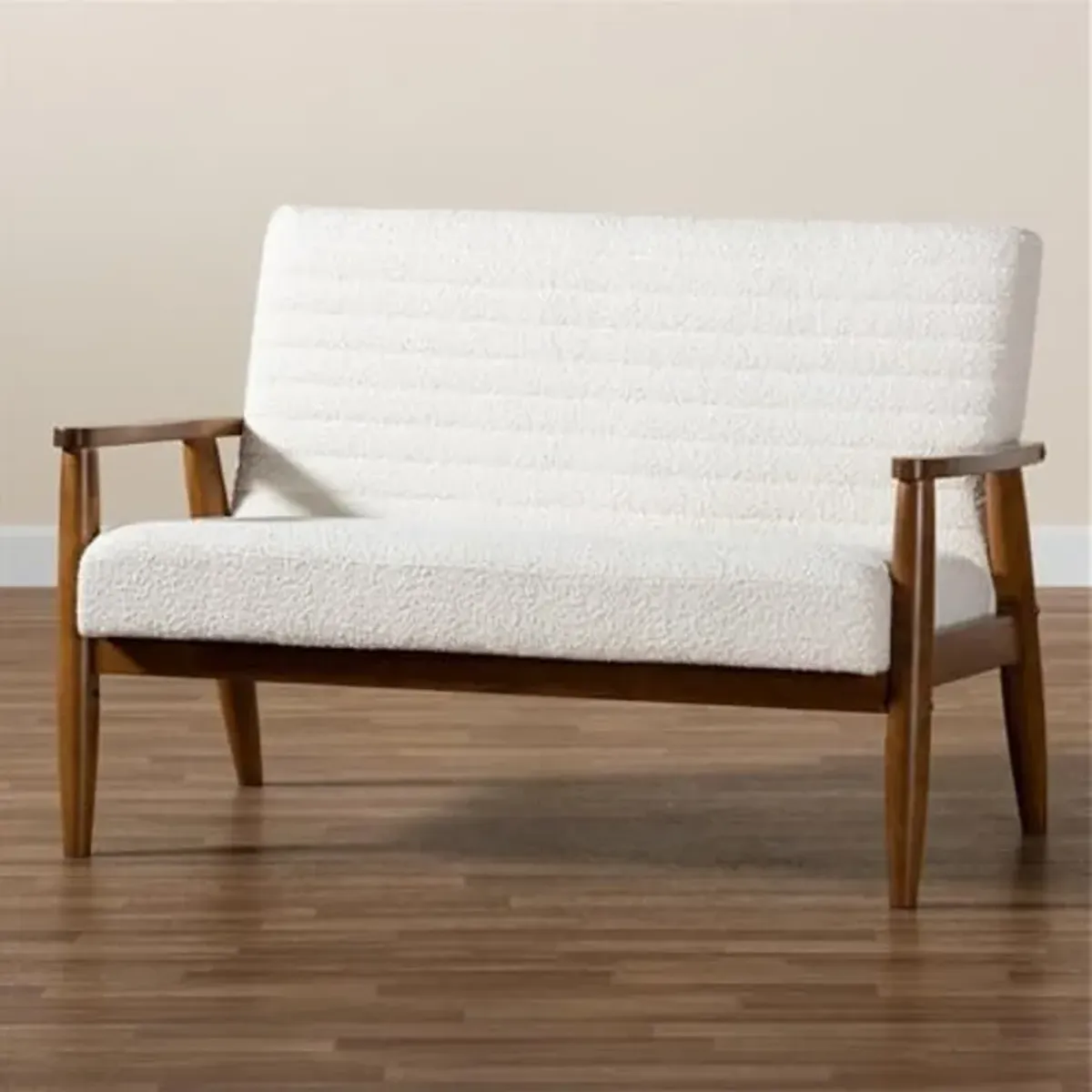 Baxton Studio Stratton Mid-Century Modern Cream Boucle Fabric and Walnut Brown Finished Wood Loveseat