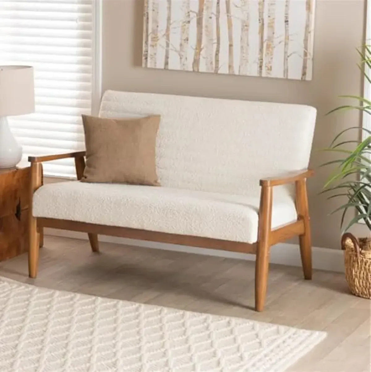 Baxton Studio Stratton Mid-Century Modern Cream Boucle Fabric and Walnut Brown Finished Wood Loveseat