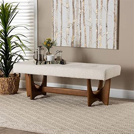 Baxton Studio Theo Cream Boucle Fabric and Walnut Brown Finished Wood Bench