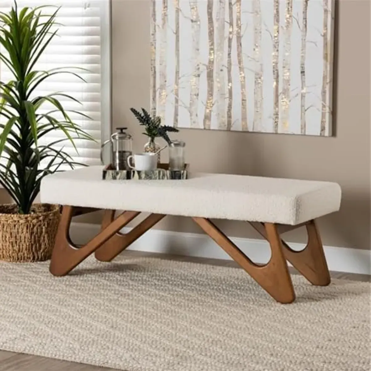 Baxton Studio Rika Japandi Cream Boucle Fabric and Walnut Brown Finished Wood Bench