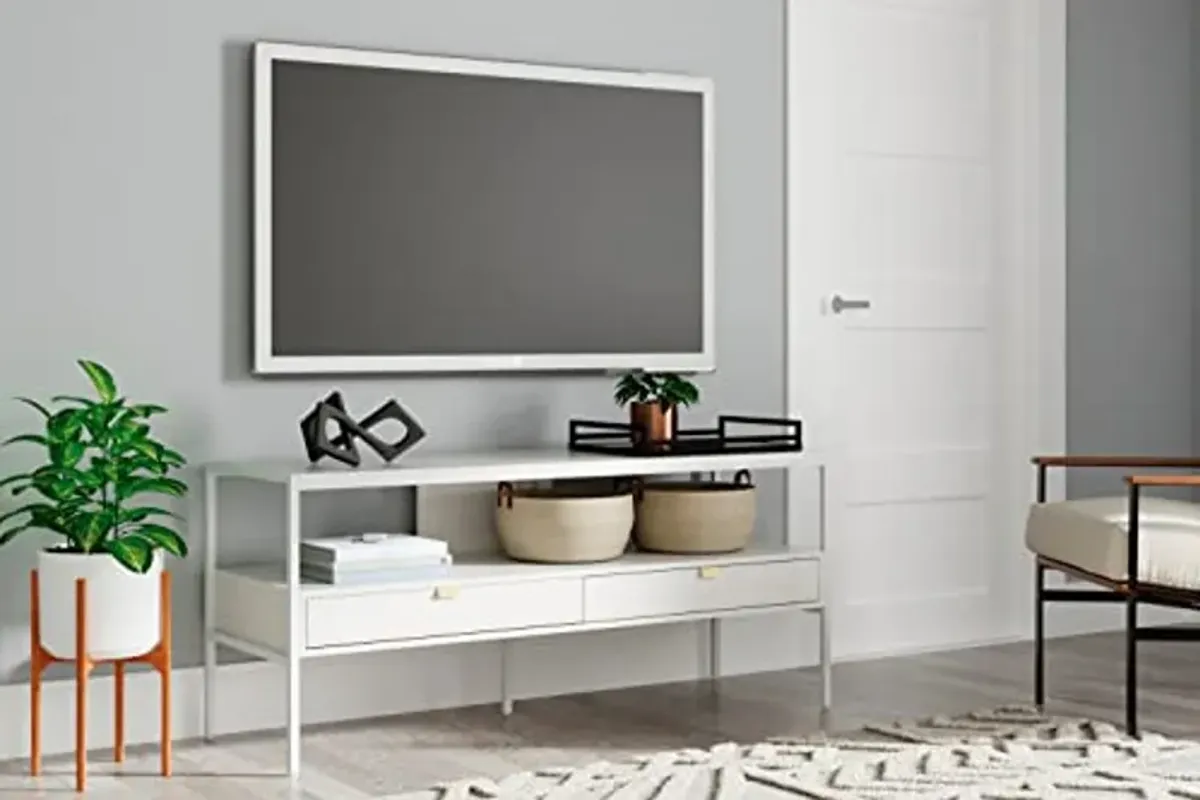 Signature Design by Ashley Deznee Modern Large TV Stand for TVs up to 69" with 1 Shelf and 2 Drawers, White