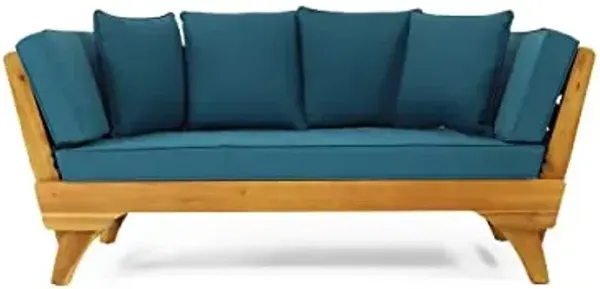 Serene Outdoor Expandable Daybed with Cushions - Acacia Wood - Teak/Dark Teal/Khaki