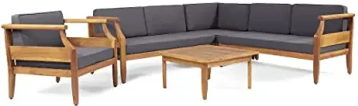 Christopher Knight Home Aston Outdoor 5 Seater Sectional Chat Set with Club Chair - Acacia Wood - Teak/Dark Gray