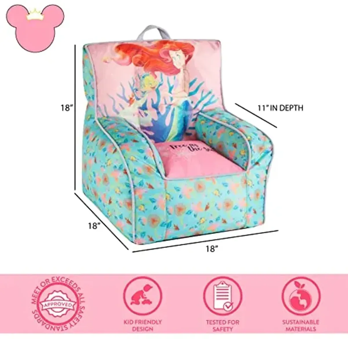 Disney Little Mermaid Kids and Toddler Canvas Bean Bag Chair with Piping & Top Carry Handle