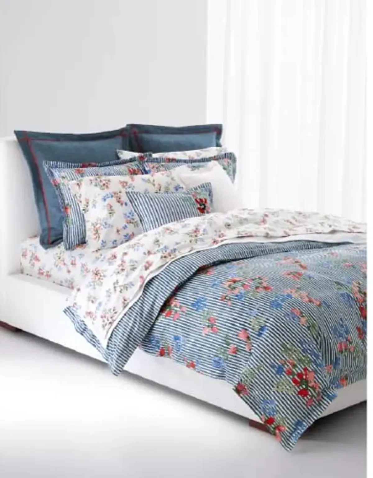 Lauren Ralph Lauren Maggie Floral Stripe Full Queen 3 pc Duvet Cover Set Shams Blue Pink White (Queen (U.S. Standard))