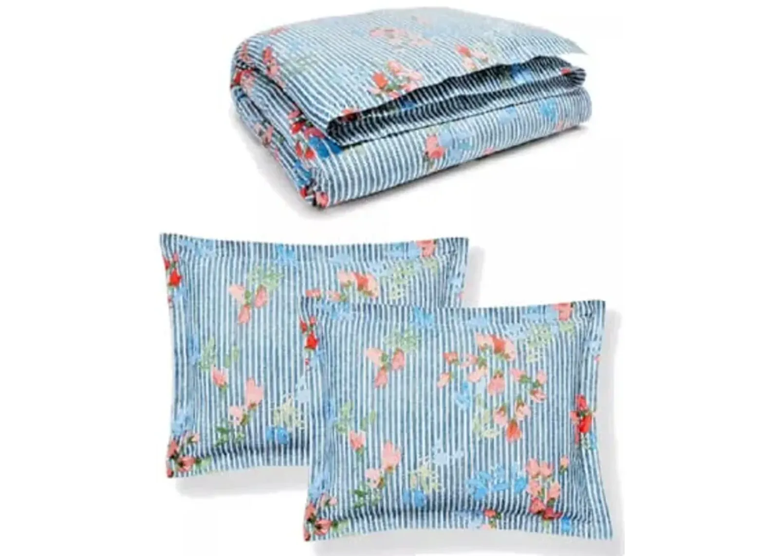 Lauren Ralph Lauren Maggie Floral Stripe Full Queen 3 pc Duvet Cover Set Shams Blue Pink White (Queen (U.S. Standard))