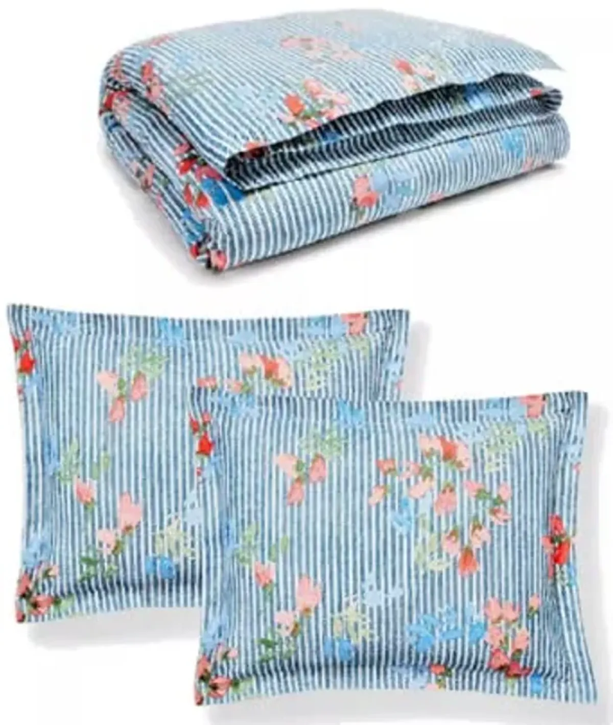 Lauren Ralph Lauren Maggie Floral Stripe Full Queen 3 pc Duvet Cover Set Shams Blue Pink White (Queen (U.S. Standard))