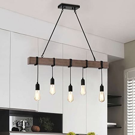 The Lighting Store Irma Natural Wooden Beam Linear Chandelier with 5 Lights - Antique Black