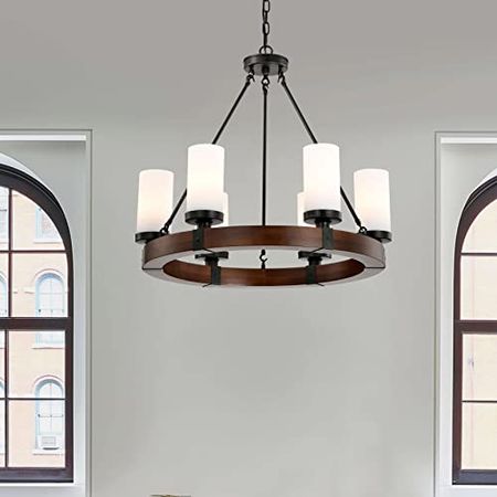 The Lighting Store Daniela Antique Black 6-Light Round Wood Chandelier with Frosted Glass