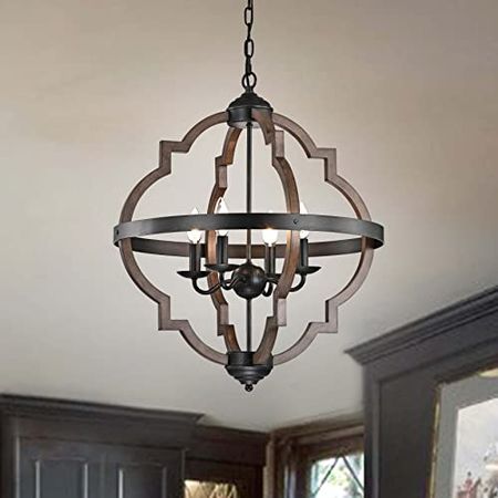 The Lighting Store Adoncia 4-Light Antique Black Metal and Brown Natural Wood Chandelier