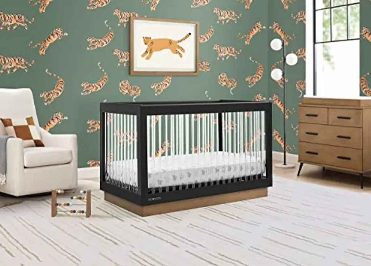 Delta Children James Crib 7-Piece Baby Nursery Furniture Set–Includes: Convertible Crib, 6 Drawer Dresser, Changing Top, Crib Mattress, Sheets, Toddler Guardrail & Changing Pad, Midnight Grey/Acorn