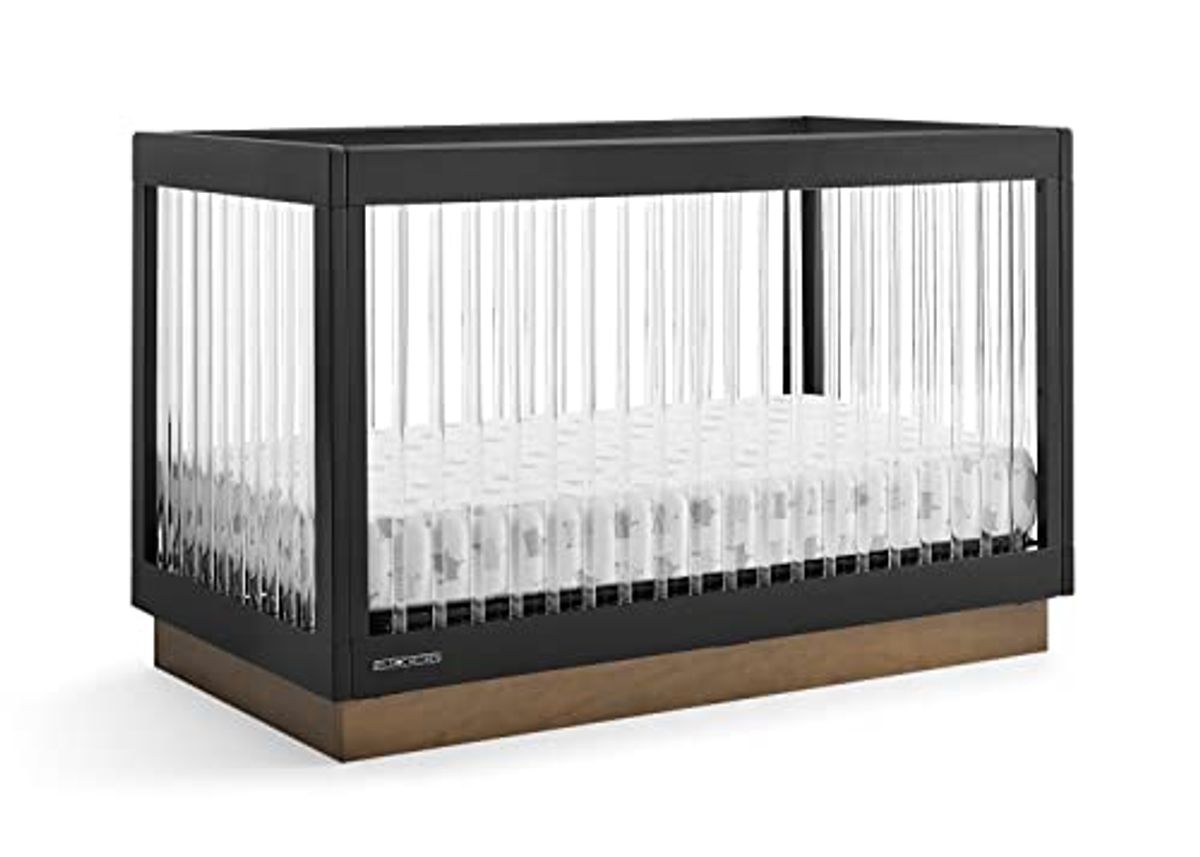 Delta Children James Crib 7-Piece Baby Nursery Furniture Set–Includes: Convertible Crib, 6 Drawer Dresser, Changing Top, Crib Mattress, Sheets, Toddler Guardrail & Changing Pad, Midnight Grey/Acorn