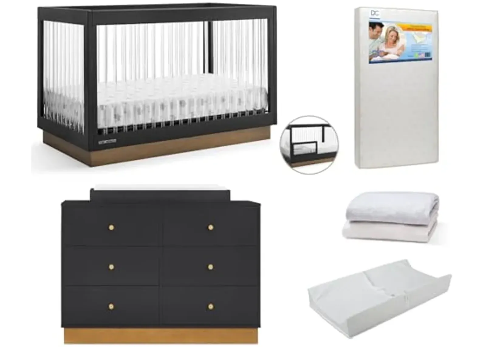 Delta Children James Crib 7-Piece Baby Nursery Furniture Set–Includes: Convertible Crib, 6 Drawer Dresser, Changing Top, Crib Mattress, Sheets, Toddler Guardrail & Changing Pad, Midnight Grey/Acorn