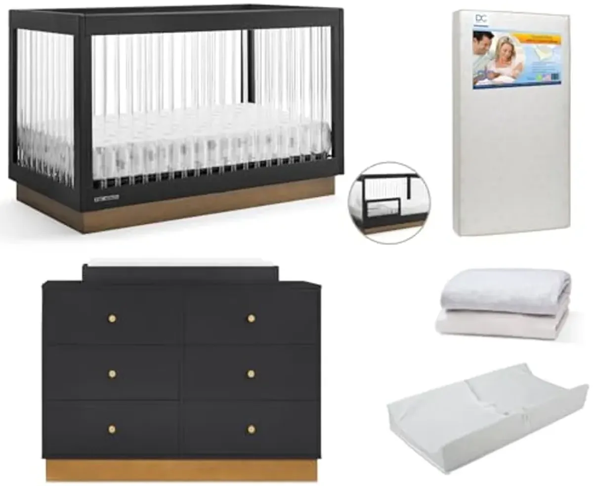 Delta Children James Crib 7-Piece Baby Nursery Furniture Set–Includes: Convertible Crib, 6 Drawer Dresser, Changing Top, Crib Mattress, Sheets, Toddler Guardrail & Changing Pad, Midnight Grey/Acorn