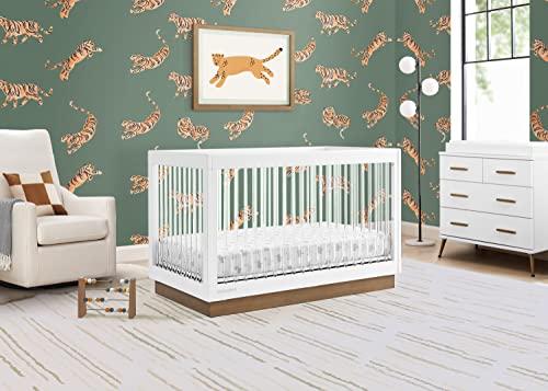 Delta Children James Crib 8-Piece Baby Nursery Furniture Set–Includes: Convertible Crib, Glider, Dresser, Changing Top, Crib Mattress, Sheets, Toddler Guardrail & Changing Pad, Bianca White/Acorn